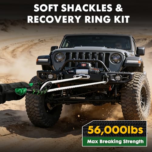 Image of Soft Shackle & Recovery Ring Kit, 1 /2'' x 22'' Soft Shackle Recovery 2 PCS | Max Breaking Strength 56,000 Lbs, with Black Snatch Recovery Ring for ATV UTV SUV Truck Off-Road Vehicle, Green