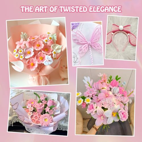 BLUBLD 400 Pcs Pipe Cleaners Craft Kit, 4 Assorted Colors Pipe Cleaners Bulk,Arts and Craft Supplies, Craft Supplies Kit, Ideas for Art Project Activity, Gardening Tape,Stamen& Ribbon (Pink) - Image 5