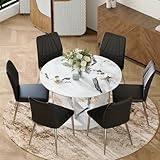 MEMUY 47' Round Dining Table Set for 6,7-Piece Modern Dinning Room Table Set, Faux Marble Kitchen Table with 6 Upholstered Chairs, Leisure Coffee Table Set for Kitchen Dining Room
