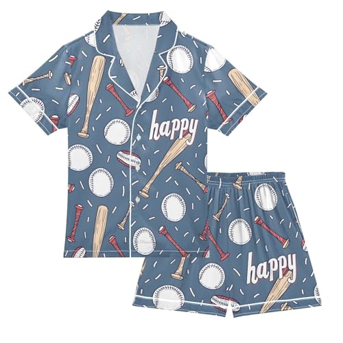 ALAZA Funny Baseball Ball Sport Satin Pajamas Set Short Sleeve Button Down Sleepwear Summer Pjs 2 Piece