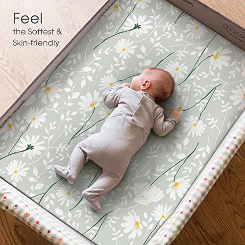 Grssder Stretchy Ultra Soft Jersey Knit Fitted Pack N Play Sheets Set 2 Pack， Portable Pack And Play/Mini Cribs Sheets For Girls，Stylish Watercolor Daisy Flower #TOP4