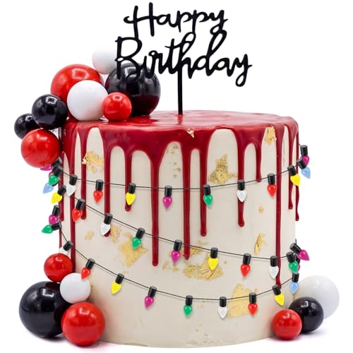 Gerrii 63 Pcs Stranger TV Cake Decorations with Happy Birthday Cake Topper Spooky Miniature Fairy Lights Black Red White Ball Toppers Set Red and Black Birthday Supplies for Horror Party Decor