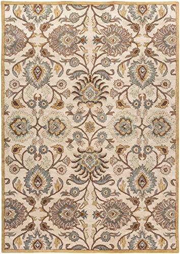 Hauteloom Florentia Wool Area Rug - Floral Medallion Border Leaf Botanical - Traditional Oriental Indian Transitional - Dark Brown, Medium Brown, Lavender, Beige, Cream - 12' x 15'