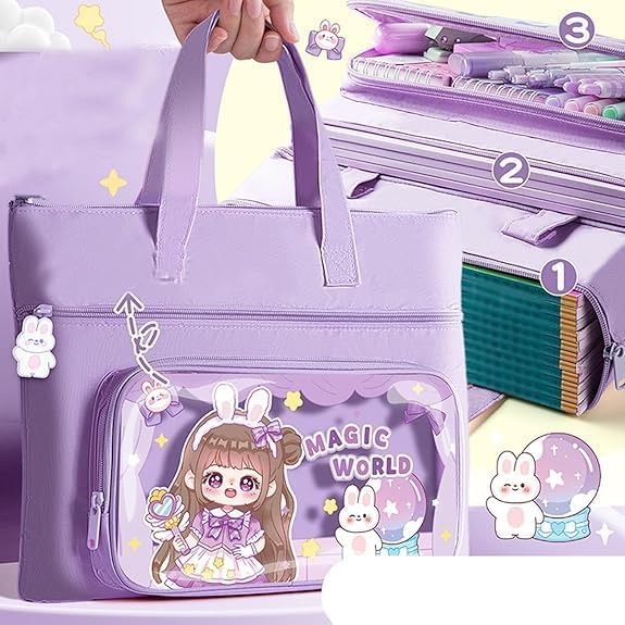 Image of Print Delight Handbag /Tutor Bag for Girls, Test Paper Book Storage Bag Kids Handmade Art Supplies Bags Thick Waterproof Portable Storage Bags for Kids (Purple Magic World Pouch Bag)