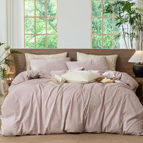Image of MooMee Striped Duvet Cover Set 100% Washed Cotton Linen Like Queen | Relaxed Linen-like Texture. Soft, Breathable & Long-lasting Comfort. Lightweight. Hidden Zipper with 8 Interior Corner Ties