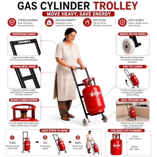 Image of ANAMIKA Heavy Duty LPG Gas Trolley with Wheels & Dual Hooks | Easy Grip Handle for Effortless Gas Movement | Strong Metal Stand for Home Kitchen | Durable Gas Carrier Trolley (Black)