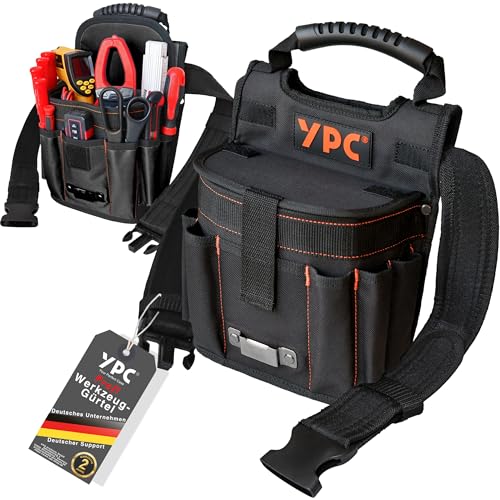 YPC Rapid Werkzeug Gürteltasche XXL – Profi Werkzeuggürtel, Großer Arbeitsgürtel, wasserfeste Werkzeugtasche mit Schlaufen, reißfest, Tragegriff, 11 Taschen, 29x20x13cm – 5 kg Tragkraft (Schwarz)