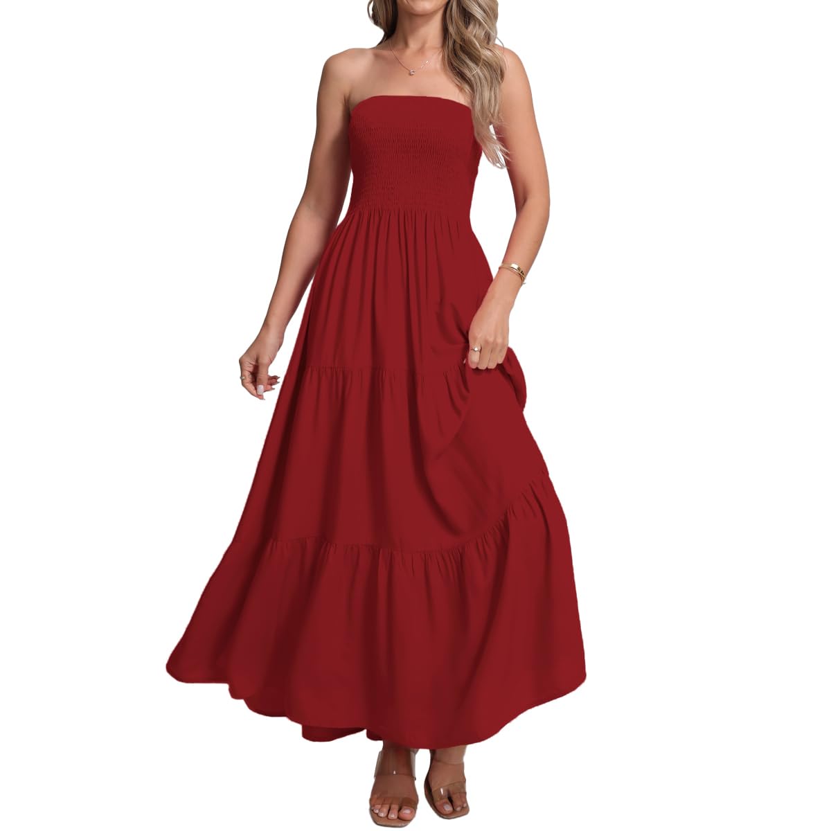 Women's Casual Off Shoulder Maxi Dress Strapless Tube Top Bohemian Beach Long Dresses 092