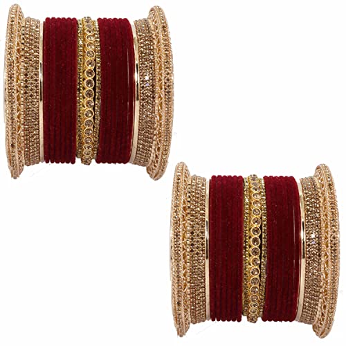 Image of NMII Non-Precious Metal with Base Metal and Studded with Zircon Gemstone Glossy Finished Traditional Velvet Bangle Chuda set for Women and Girls