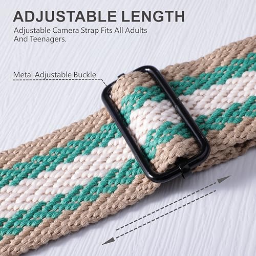 Image of Padwa Lifestyle Adjustable Camera Strap - 2 inch Top Layer Cowhide Head Camera Straps for Photographers,Soft Cotton Rope Crossbody Strap with Quick Release fits All Cameras - Green White Stripe