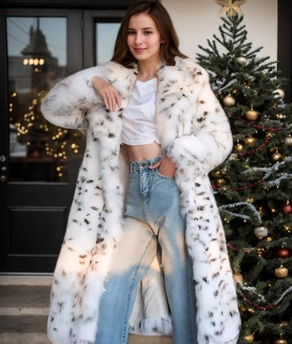 DJBM Women's Faux Fur Lapel Long Coat Luxury Furry Leopard Cardigan Outwear with Pockets for Wedding Banquet2