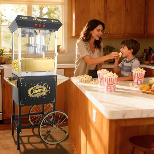 Image of Popcorn Machine with Cart & 16oz kettle for Home /Commercial (Black)