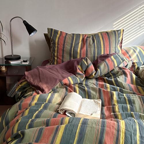 Image of mixinni Vintage Striped Duvet Cover Set Full Size - 3 Piece 100% Washed Cotton Bedding Set, Soft & Breathable, Colorful Striped Pattern Printed Comforter Cover for All Seasons