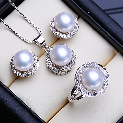 LOKILOKI LOKILOKI Conjuntos De Joyas De Plata De Ley 925 Pendientes De Perla Natural Pendientes De Cadena De Fiesta De Moda Collares para Mujer Conjunto De Anillo