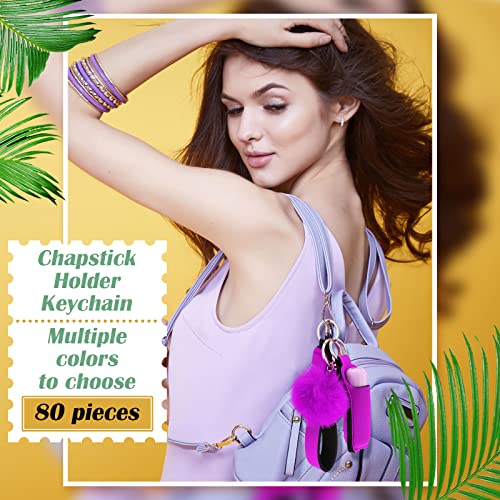 Tudomro 80 Pcs Keychain Lip Balm Holder Set Include 20 Lipstick Holder 20 Colorful Keychain Wristlet Lanyard 20 Fluffy Ball Pom Pom Accessory 20 Metal Keychains For Purse Handbag, 20 Colors #TOP4