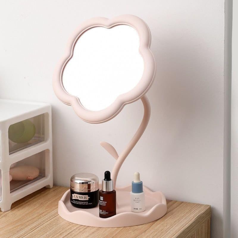 Flower Shape Makeup Mirror with Storage Tray & Leaf Hook, Big Size Vanity Mirror for Dressing Table, Cute Desktop Cosmetic Organizer, HD Mirror for Makeup, Skincare & Jewelry Storage-picture-19