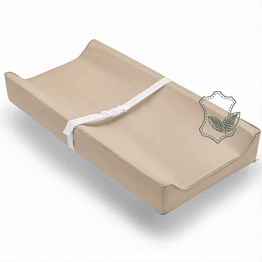 vegan leather contoured baby changing pad | waterproof & wipe-clean pu leather diaper change mat, soft, wipeable cover, safety strap, non-slip bottom, topper for standard infant diaper table & dresser