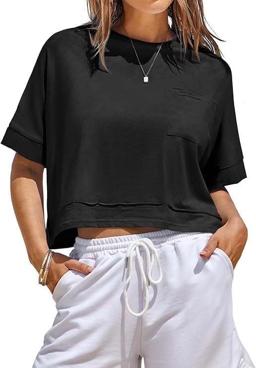 Fisoew Damen T-Shirt Kurzarm Crop Tops Sommer Rundhals Oversize Oberteile Fitness Sport Shirts Bauchfrei Einfarbig Basic top Schwarz S