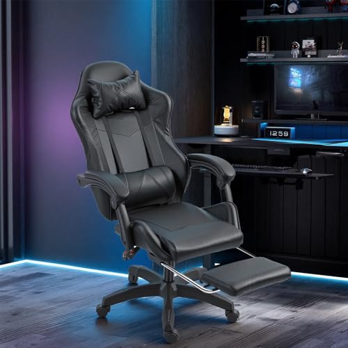 Panana Gaming Chair, Racing Style Office High Back Ergonomic Conference Work Chair Reclining Computer PC Swivel Desk Chair 145 Degree Reclining Angle with Headrest, Lumbar Cushion & Footrest (Black) - Image 3