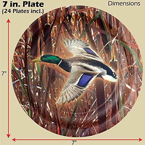 Havercamp Duck Hunting 7" Party Plates (24 Pack)! 24 Round Dessert Plates. (Mallard Ducks With Cattail Camo Background) Duck Pond Party Collection. #TOP1