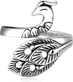 SESAMECAVE 925 Sterling Silver Peacock Ring Adjustable Open Ring Feather Ring phoenix crochet hook yarn ring Loop Knitting Ring Valentines gift Spirit Animal Jewellery (Peacock)