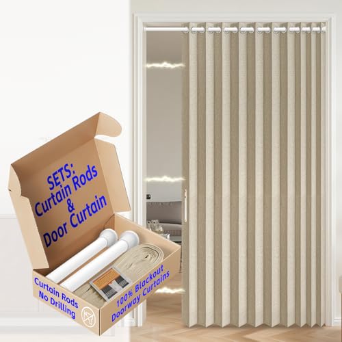 AJAZZ Blackout Accordion Door with Curtain Rods Adjustable 28-52" Long, Invisible Accordion Doors Interior Magnetic Door Curtain for Bedroom Doorway Curtain Set, 1 Pack, W55 x L80 in, Cream Yellow