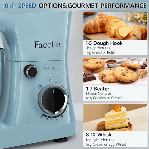 Facelle Stand Mixer, 10-Speed 6QT Kitchen Electric Mixer, Tilt-Head Food Mixer with Beater, Dough Hook, Wire Whip and Egg Separator, scraper for Most Home Cooks - Blue - Image 3