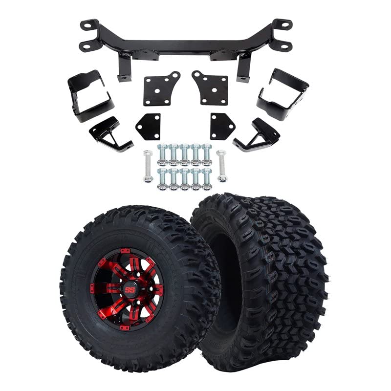 Hardcore Parts 6" Drop Axle Lift Kit for EZGO TXT/PDS (1994.5-2001.5) Electric Golf Cart with 10" Red/Black 'TEMPEST' Wheels and 22"x11"-10" DOT rated All-Terrain tires