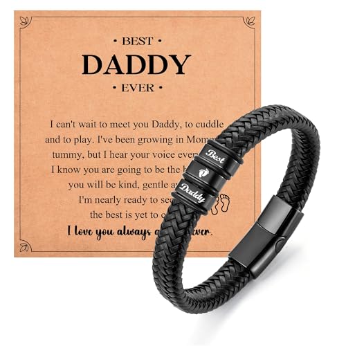 Shuxin Daddy Father Day Gifts from Bump Daughter Son Baby, Best Daddy Birthday Gifts, Personalised Leather Bracelet Presents for First Fathers Day, Mens Jewellery Presents for Christmas