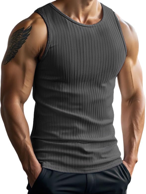 PINSPARK Mens Ribbed Gym Vest Breathable Sleeveless Tank Top Dark Grey L
