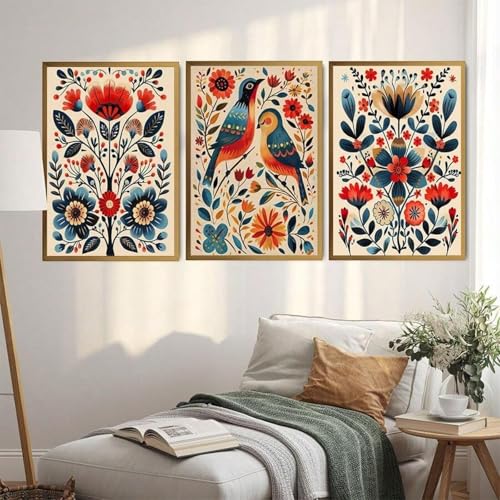 Toile florale et oiseaux rétro | Cadre 50x70cm chic