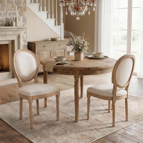 SoarFlash Linen French Dining Chairs Set of 2, Vantage Dining Chair with Round Back, Wood Leg Farmhouse Country Dining Chair for Living Room,Kitchen,Bedroom,Beige