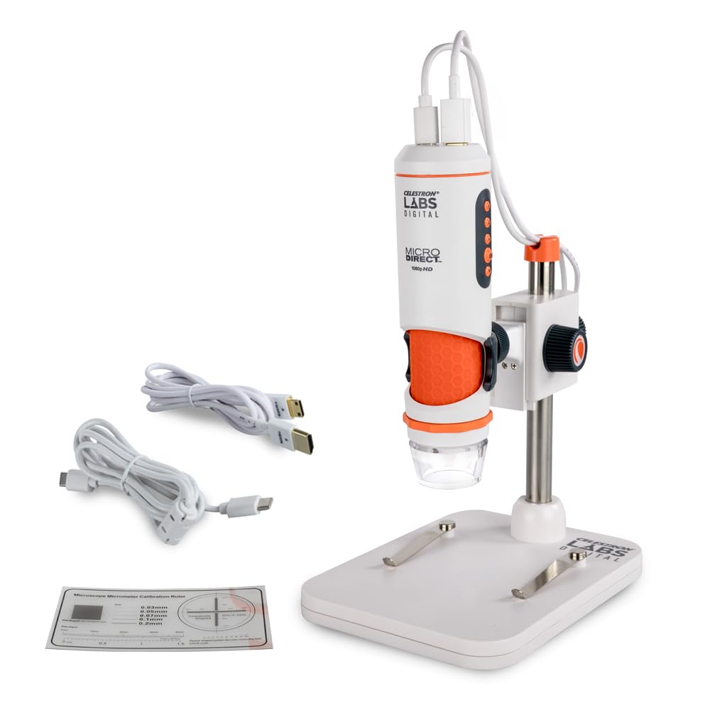 Celestron 44316 MicroDirect 1080P HDMI digitales Hand-Mikroskop, 10- bis 220-fache Vergrößerung, Grau/weiß