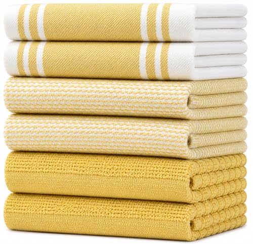 Image of Premium Kitchen Towels (20 inchx 28 inch, 6 Pack) | Large Cotton Dish Towels | Flat & Terry Highly Absorbent Kitchen Linen Set with Hanging Loop | Wide Stripe Yellow