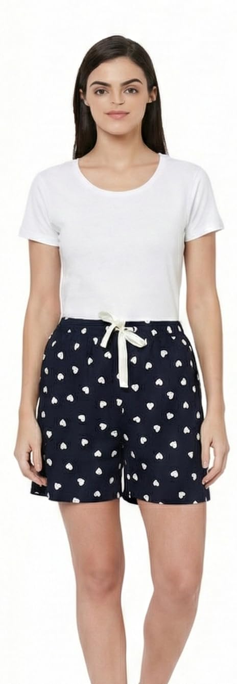Women's Shorts with Heart Print, Navy Blue with White Hearts, Drawstring Waist-picture-29