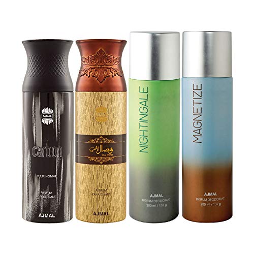 Image of Ajmal 1 Carbon Homme for Men, 1 Wisal Dhahab for Men, 1 Nightingale and 1 Magnetize for Men & Women Deodorants each 200ML Combo pack of 4 (Total 800ML) + 4 Parfum Testers