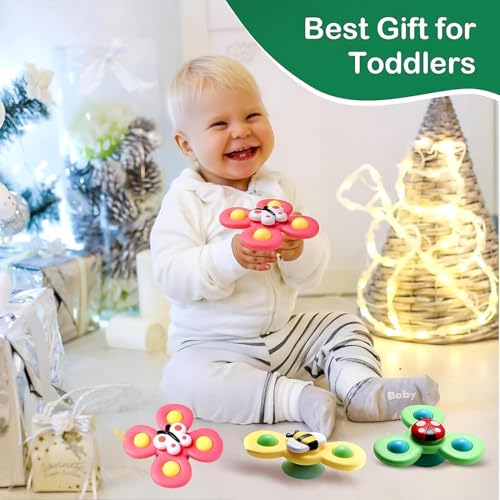 Image of Cable World Baby Spinner Toy for Baby Bath Toys Water Toys for Kids Suction Cup Fidget Spinner Sensory Toddler Infant Flight Travel Toy Stick to Car Window Gift for Kids 3 Pcs (Insect Design)