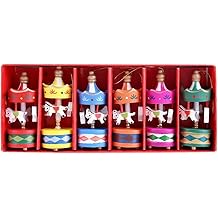 Coverzone 6&rsquo; Wood Mini Carousel Ornament Set &ndash; Vintage Hangable Christmas Tree and Table Decor, Colorful Hand Painting Design, Decorative Accessory for Home, Party and Gift