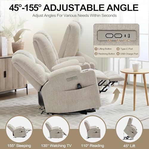 Image of Power Lift Recliner Chair for Elderly, Electric Lift Recliner with Vibration Massage and Lumbar Heating, Single Sofa Reclining Chair with Cup Holders Charging Ports, Chenille Fabric Beige