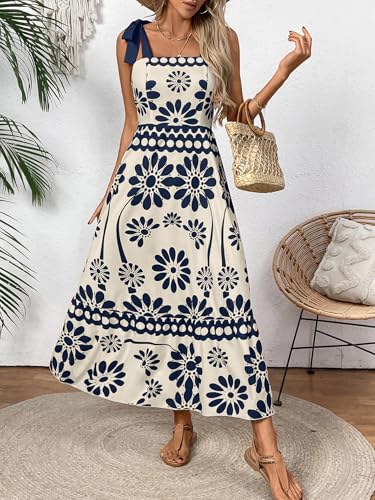 Image of Women's Floral Print Maxi Dress - Adjustable Tie-Shoulder, Lightweight Beach & Summer