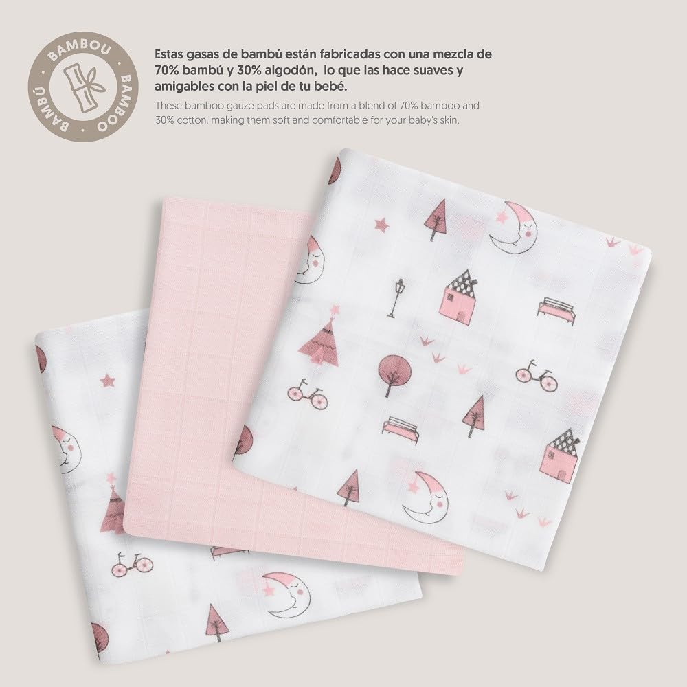 INTERBABY Set di 3 Mussole di Bambù MOON rosa per neonati 55x70 cm