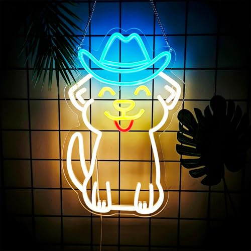 Image of Cowboy Hat Dog Neon Sign, Dimmable LED Neon Sign for Wall, Dog USB Neon Light Up Signs for Bedroom, Beauty Bar, Cowboys Gifts for Women, Ice Blue, Lemon Yellow, Warm White, Red, 9.8X15.7 IN
