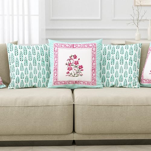 Image of BLOCKS OF INDIA Hand Block Printed Cotton Cushion Cover (16 X 16 Inches) (Cushion 5), 300 TC, Green