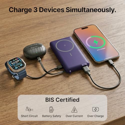 Image of pTron Dynamo Dash Magnetic Wireless 10000mAh Fast Charging Slim Power Bank, MagSafe, 22.5W Output, Compatible w /iPhone 12 /13 /14 /15 /16, Android & Other Qi Enabled Devices, Type-C Input (Purple)