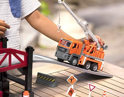 Driven by Battat – 35-teiliges Baustellen Spielset für Kinder – Kran Spielzeug & Zubehör – Großes Set – Spielzeugbrücke, Straßenschilder und mehr – ab 3 Jahren – Micro Brückenbau Spielzeug (35 Teile)