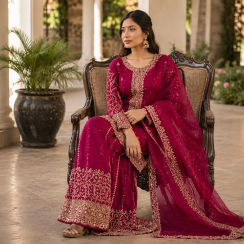 Image of Women's Ethnic Plazzo Suit Set with Kurta & Dupatta | Fendy Fabric Embroidered Kurta Set | Round Neck 3 /4 Sleeve Dress | Elegant Outfit