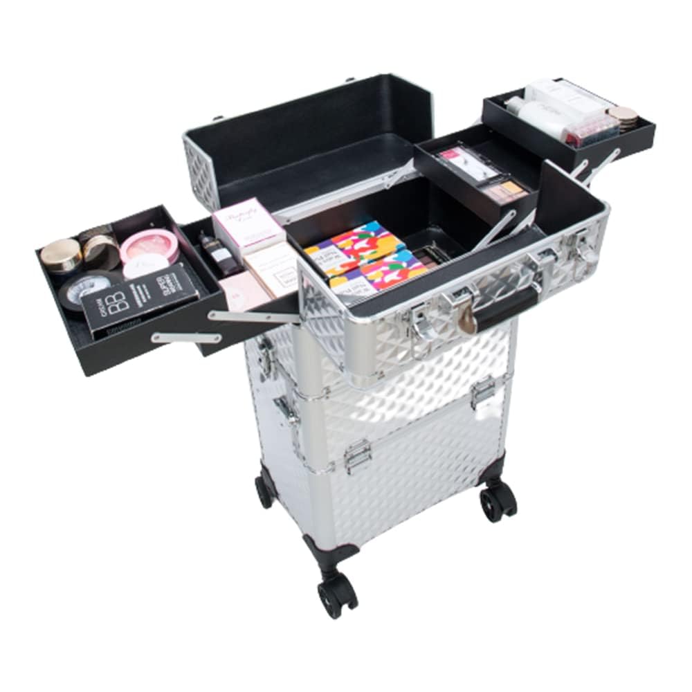 FOLELLO 3-in-1 Marvel Rolling Professional Multifunctional Makeup Travel Vanity Case | Aluminum Trolley Vanity Salon Station (Diamond Cut- Silver) - Image 7 thumbnail