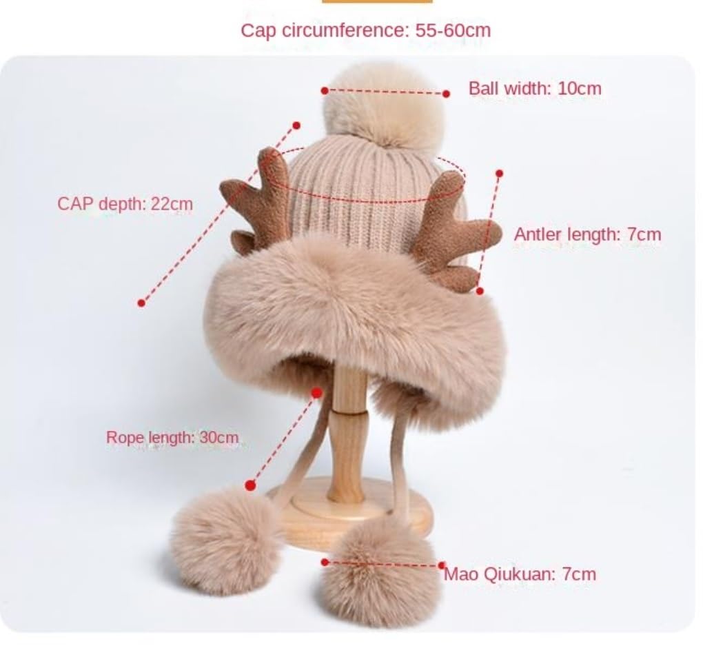 Chapeau d'hiver Bonnets pour Femmes, Chapeaux De Cerf Mignons avec Ficelle, Boule en Fourrure, Bonnets Tricotés Chauds Et Amples Chaud Chapeau(A)
