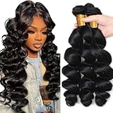 28 30 32 Inch Loose Wave Bundles Human Hair 3 Bundles Brazilian Remy Hair 50 Grams/Bundle 10A Grade Unprocessed Virgin Hairs #1B Black Color Loose Deep Wave Bundle Weaves Extensions