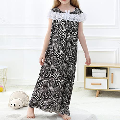 Girls Striped Maxi Dress N𝐢ghtgowns Short Sleeve Crew Neck Lace Long 𝗟ounge Dresses Sl𝐞epwear Kids Sl𝐞epers Gowns4